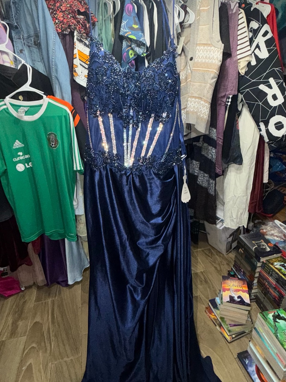women’s Navy Beaded Satin Evening Dress
